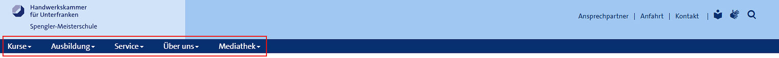 Screenshot der Hauptnavigation auf www.spenglermeisterschule.de