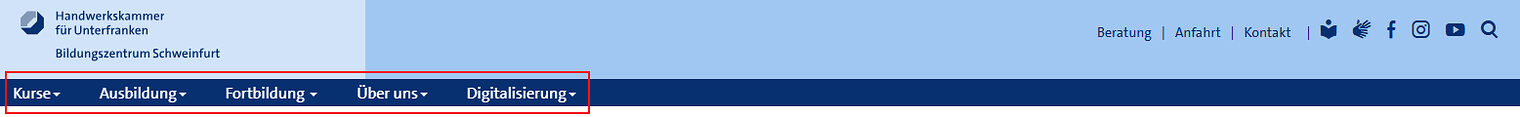 Screenshot der Hauptnavigation auf www.bildungszentrum-wuerzburg.de