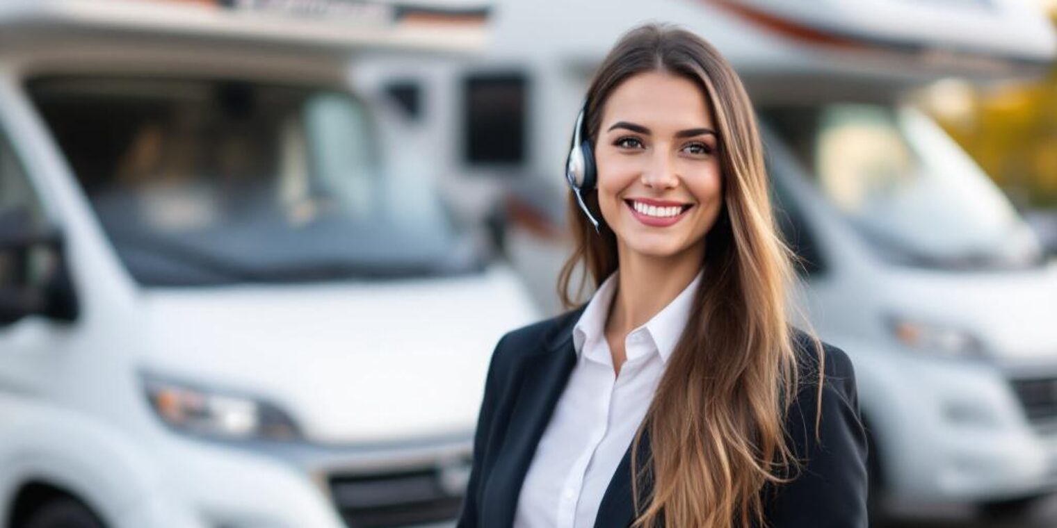 Serviceassistentin im Caravaningbetrieb Junge Frau im Businessoutfit mit Headset und Tablet steht lächelnd vor weißen Wohnmobilen.