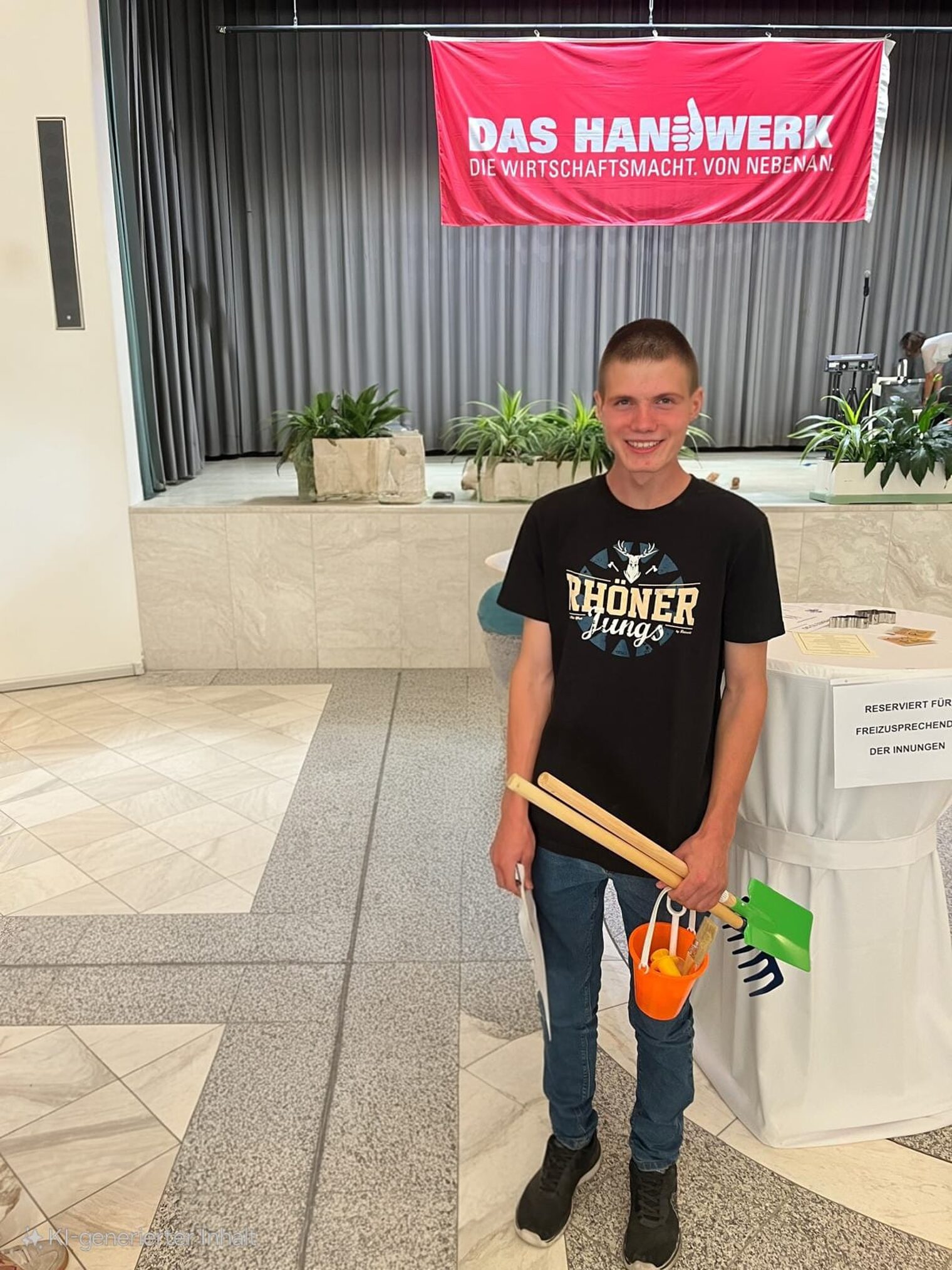 Sieger steht vor Bühne mit Spielzeugwerkzeug in der Hand