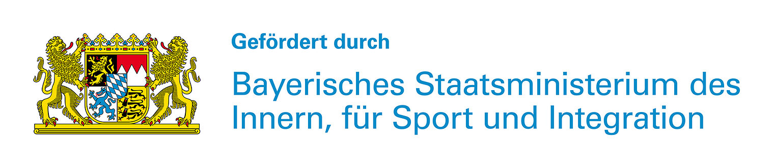 Logo mit Bayernwappen + gefördert durch Bayerisches Staatsministerium des Innern, für Sport und Integration