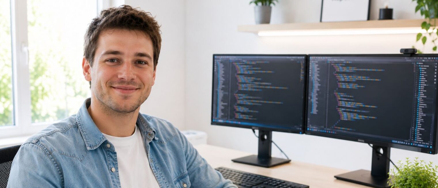 Junger Mann mit Laptop in moderner Arbeitsumgebung. Symbol für digitale Weiterbildung und Karriereentwicklung.