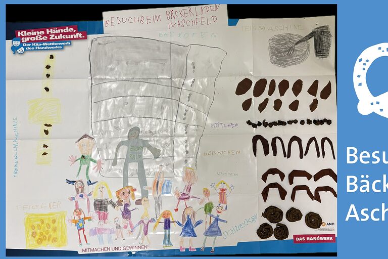 Kinderzeichnung - Kinder in der Backstube, Plätzchen und Brötchentüten