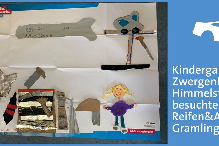 Poster mit Kinderzeichnung und Bastelarbeit zu Auto- und Reifenservice