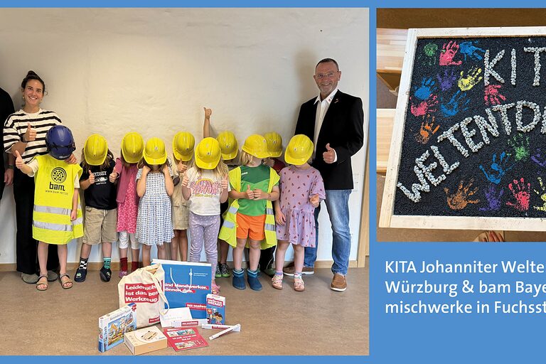 Kollage - Gruppenbild mit vier Erwachsenen und viele Kindern und Tafel mit dem Schriftzug "Kita Weltentdecker"