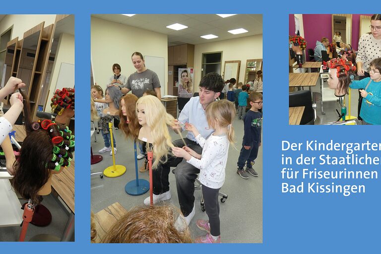 Fotokollage - drei Aufnahmen Kinder üben mit Jugendlichen an Frisierpuppen