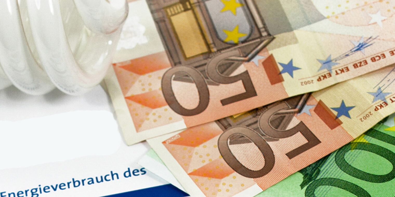 zwei 50€ und zwei 100€ Scheine neben einer Glühbirne und einem Energieausweis